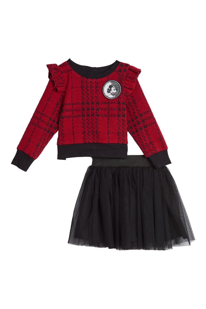 x Disney Mickey Mouse Double Knit Ruffle Sweater & Tutu Skirt Set, Main, color, RED/ BLACK