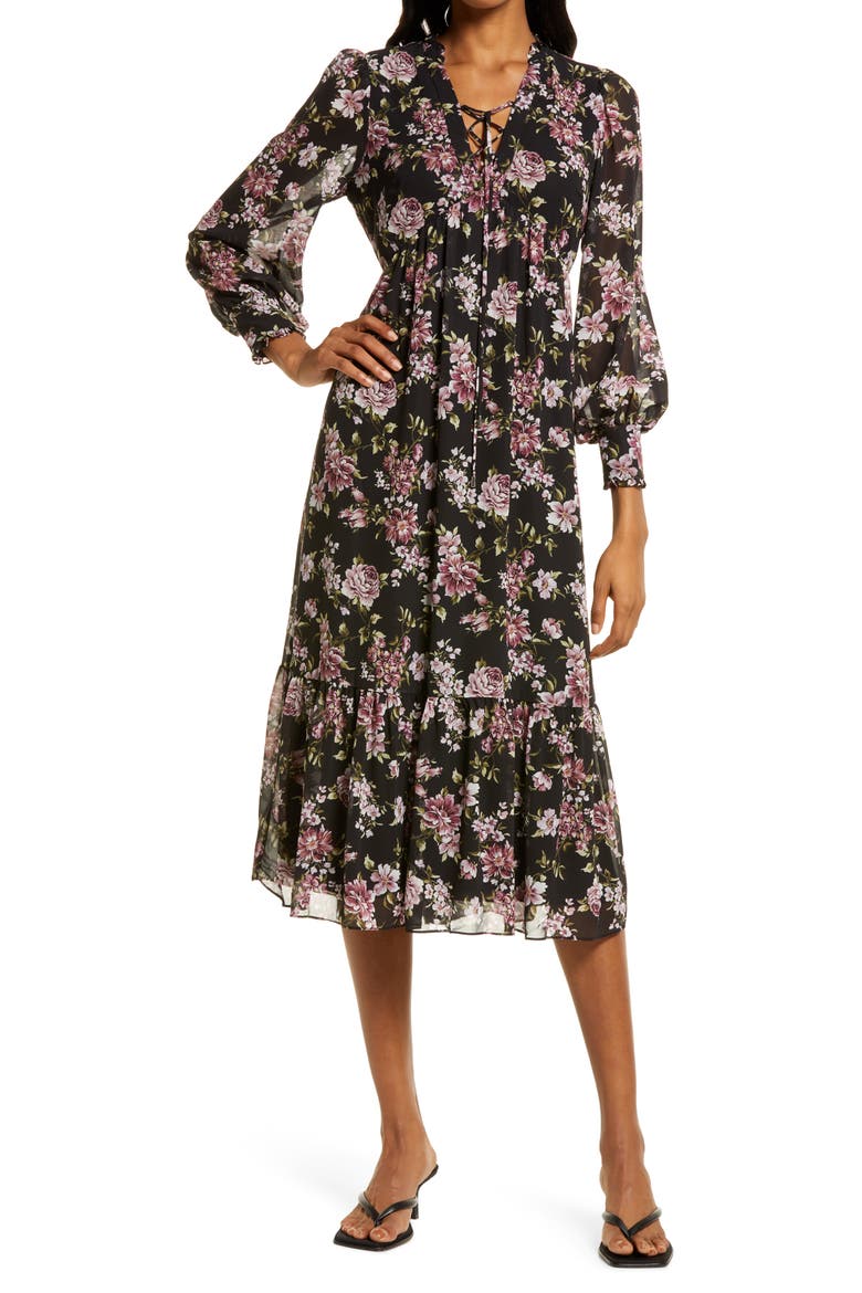 Floral Long Sleeve Midi Dress, Main, color, ANTIQUE ROSE FLORAL