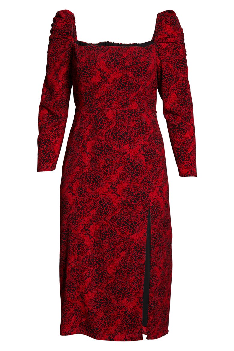 Spatter Print Square Neck Long Sleeve Midi Dress, Alternate, color, RED CHILI- BLACK DOT