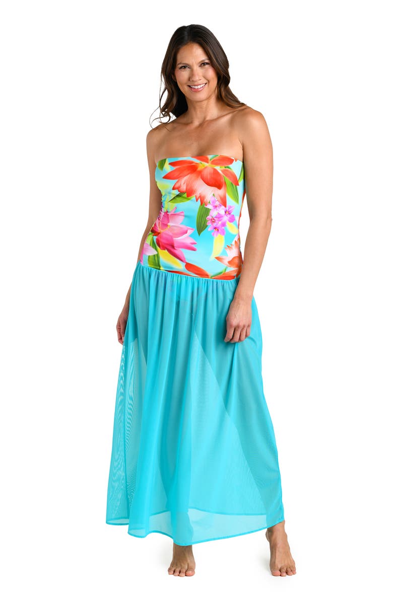 La Blanca Sunset Botanica Strapless Drop Waist Midi Dress, Alternate, color, 