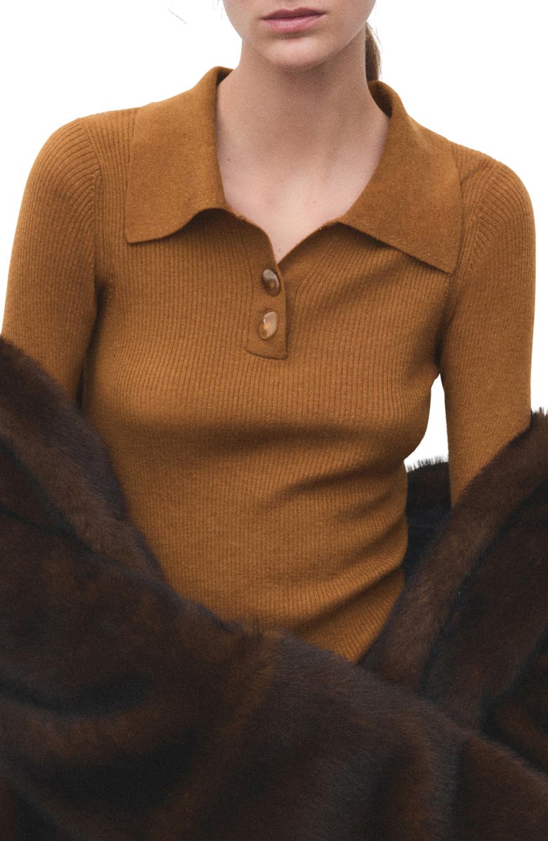 MANGO Rib Fluted Long Sleeve Polo Sweater, Main, color, Tobacco Brown