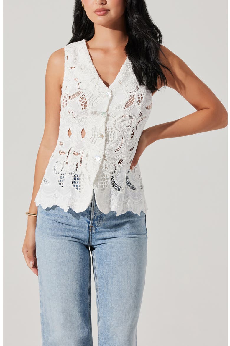 Meira Lace Inset Cotton Button-Up Vest, Alternate, color, WHITE