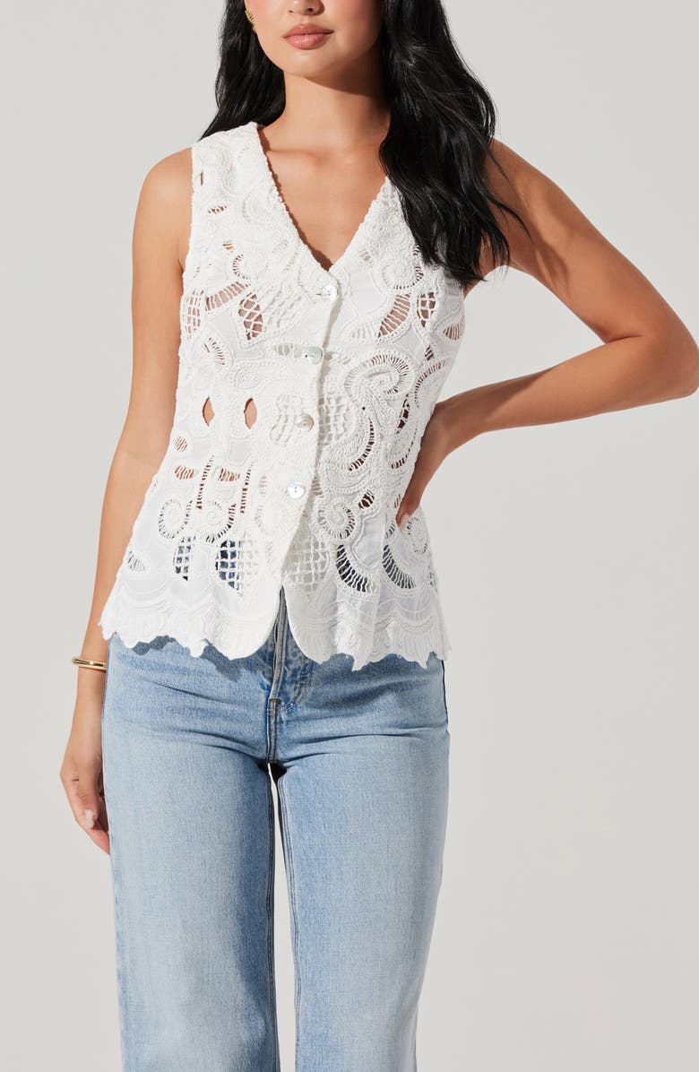 ASTR the Label Meira Lace Inset Cotton Button-Up Vest, Alternate, color, White