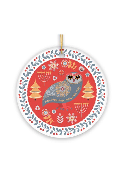 Folk Owl Scandinavian Vintage Themed Round Ornament