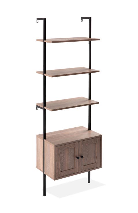 Tulare 72.05" MidCentury Industrial 4-Shelf Wood Wall-Mounted Open Ladder Bookcase with Cabinet and Metal Frame