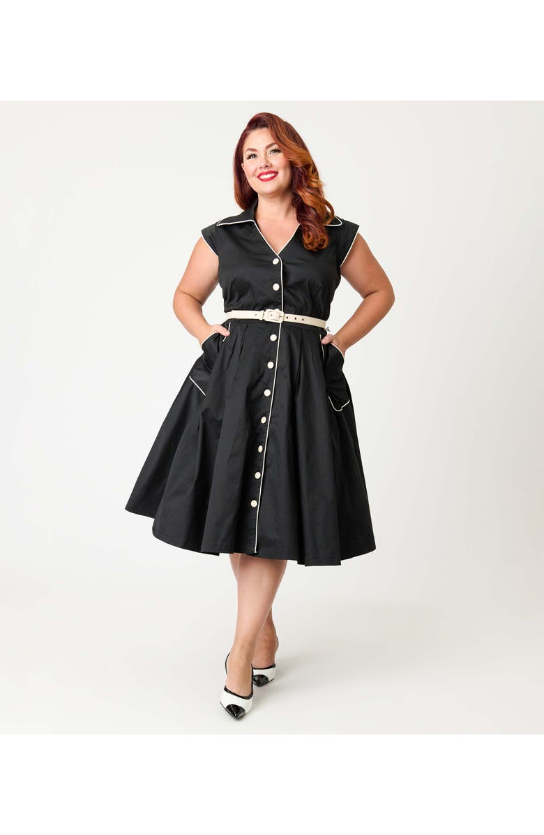Unique Vintage Plus Size Shirt Swing Dress, Main, color, Black & White Trim
