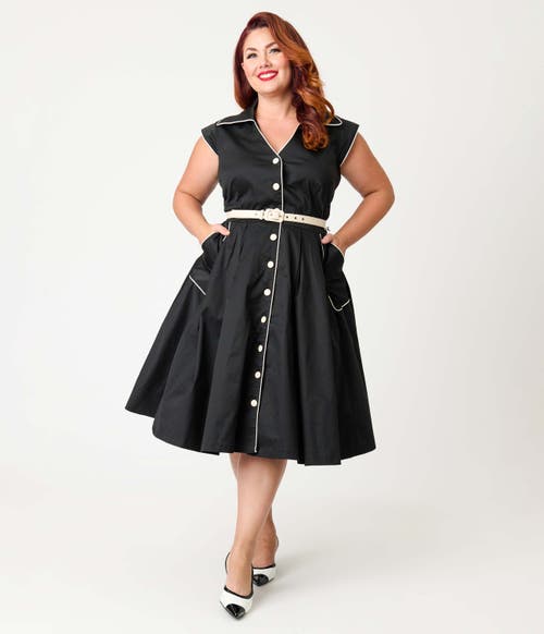 Unique Vintage Plus Size Shirt Swing Dress In Black