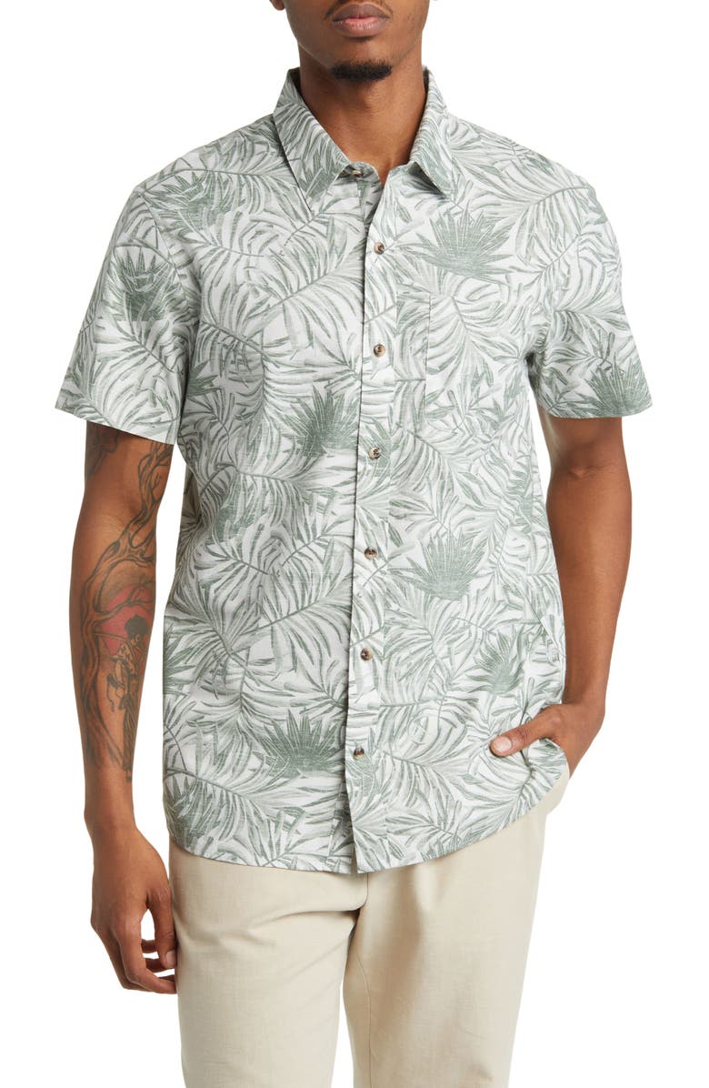 TravisMathew Getaway Grove Short Sleeve Stretch Cotton Blend Button-Up Shirt, Main, color, 