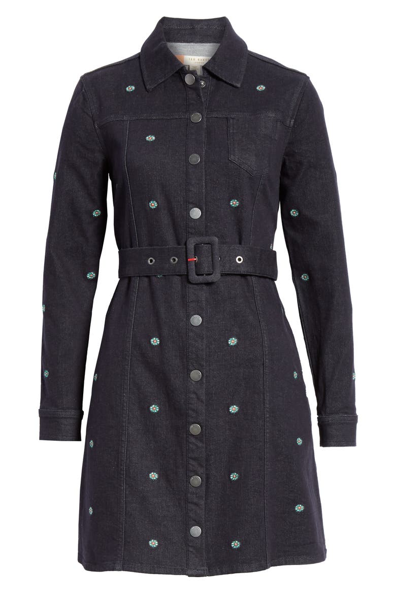 Colour by Numbers Rosarie Embroidered Denim Shirtdress, Alternate, color, MID WASH
