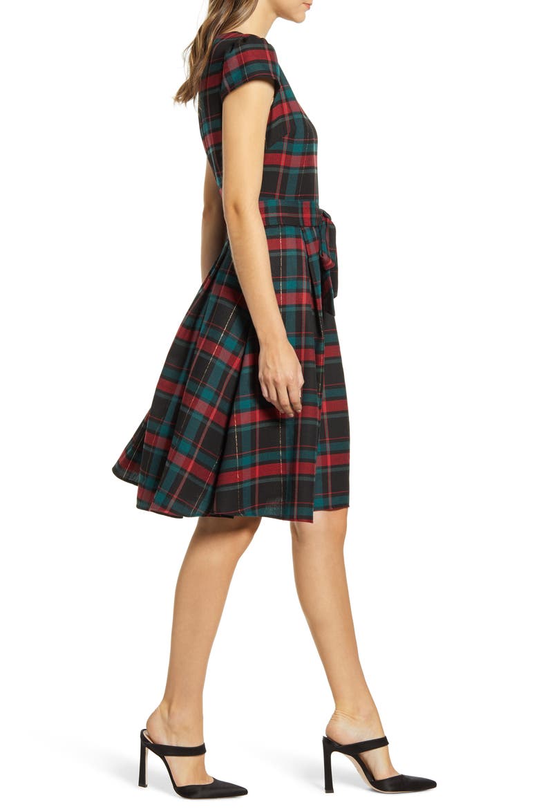 Gibson x Hi Sugarplum! Holiday Joyeux Cap Sleeve Fit & Flare Dress, Alternate, color, CLOCHETTE PLAID
