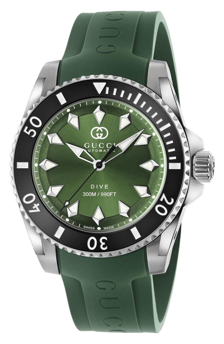 Gucci Dive Automatic Rubber Strap Watch, 40mm, Main, color, Green