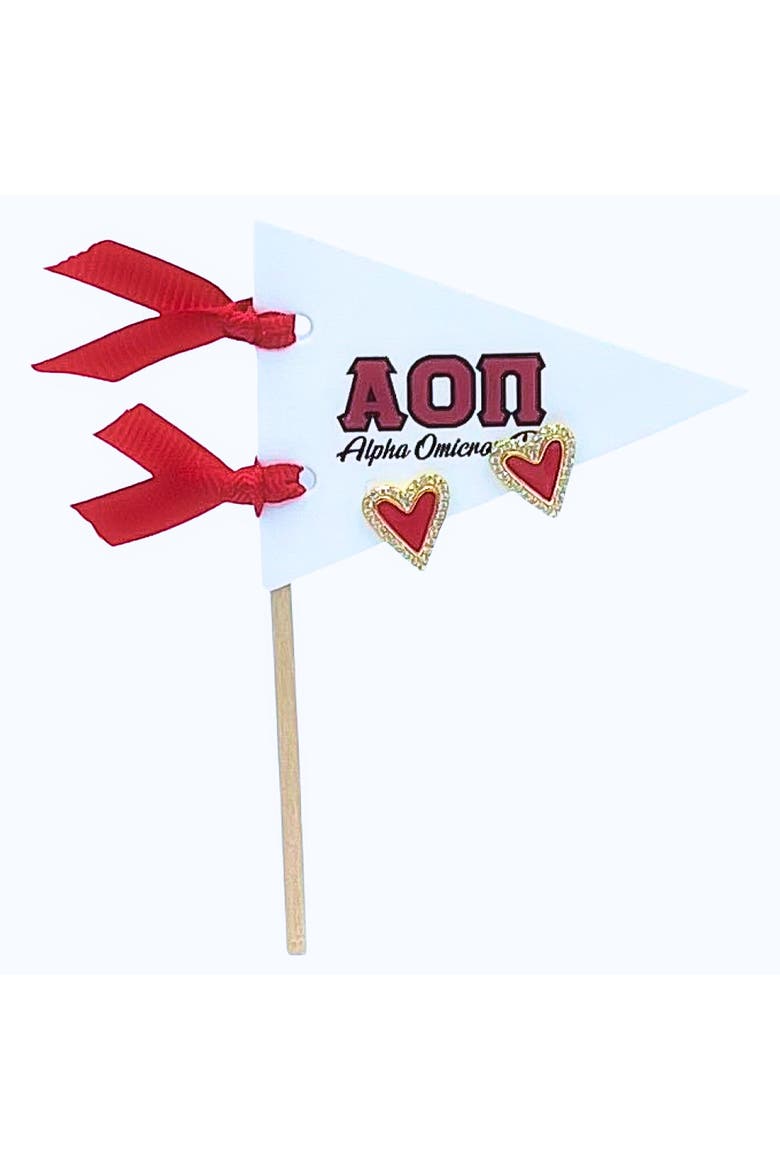 Alpha Omicron Pi Heart Stud Enamel Earrings on Sorority Pennant Flag, Main, color, Yellow Gold
