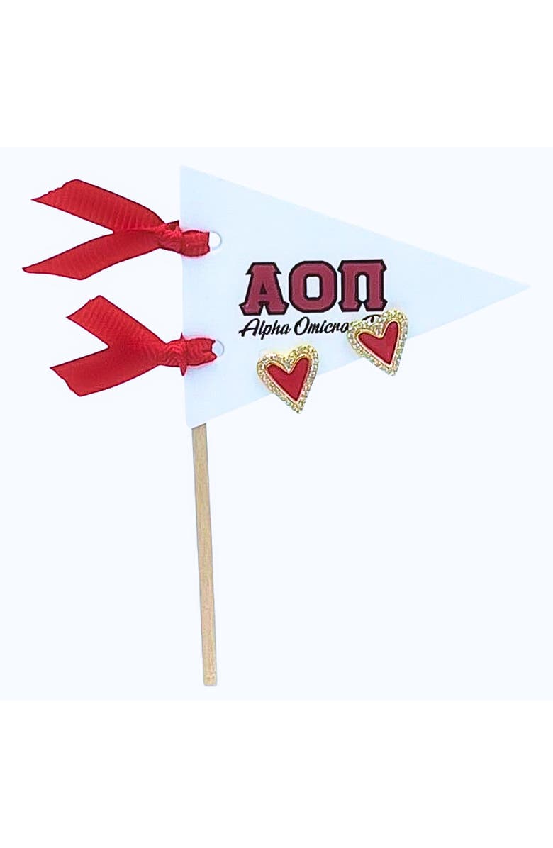 Color Shout Alpha Omicron Pi Heart Stud Enamel Earrings on Sorority Pennant Flag, Main, color, Yellow Gold
