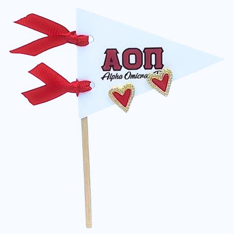 Alpha Omicron Pi Heart Stud Enamel Earrings on Sorority Pennant Flag