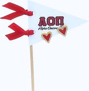 Color Shout Alpha Omicron Pi Heart Stud Enamel Earrings on Sorority Pennant Flag