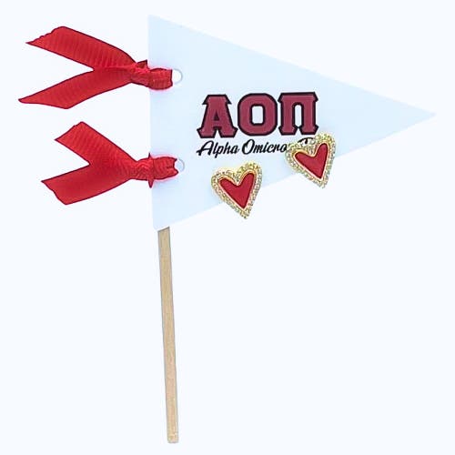 Color Shout Alpha Omicron Pi Heart Stud Enamel Earrings On Sorority Pennant Flag In Gold