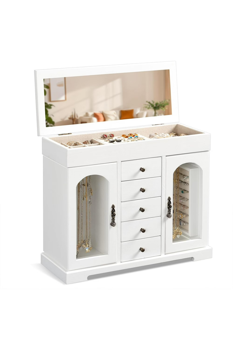 Wooden Jewelry Organizer Cabinet with Mirror, Main, color, White