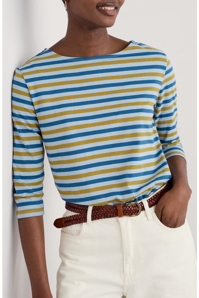 Sailor Stripe Three Quarter Sleeve Organic Cotton T-Shirt, Main, color, DUET MINI CORNISH PEAR
