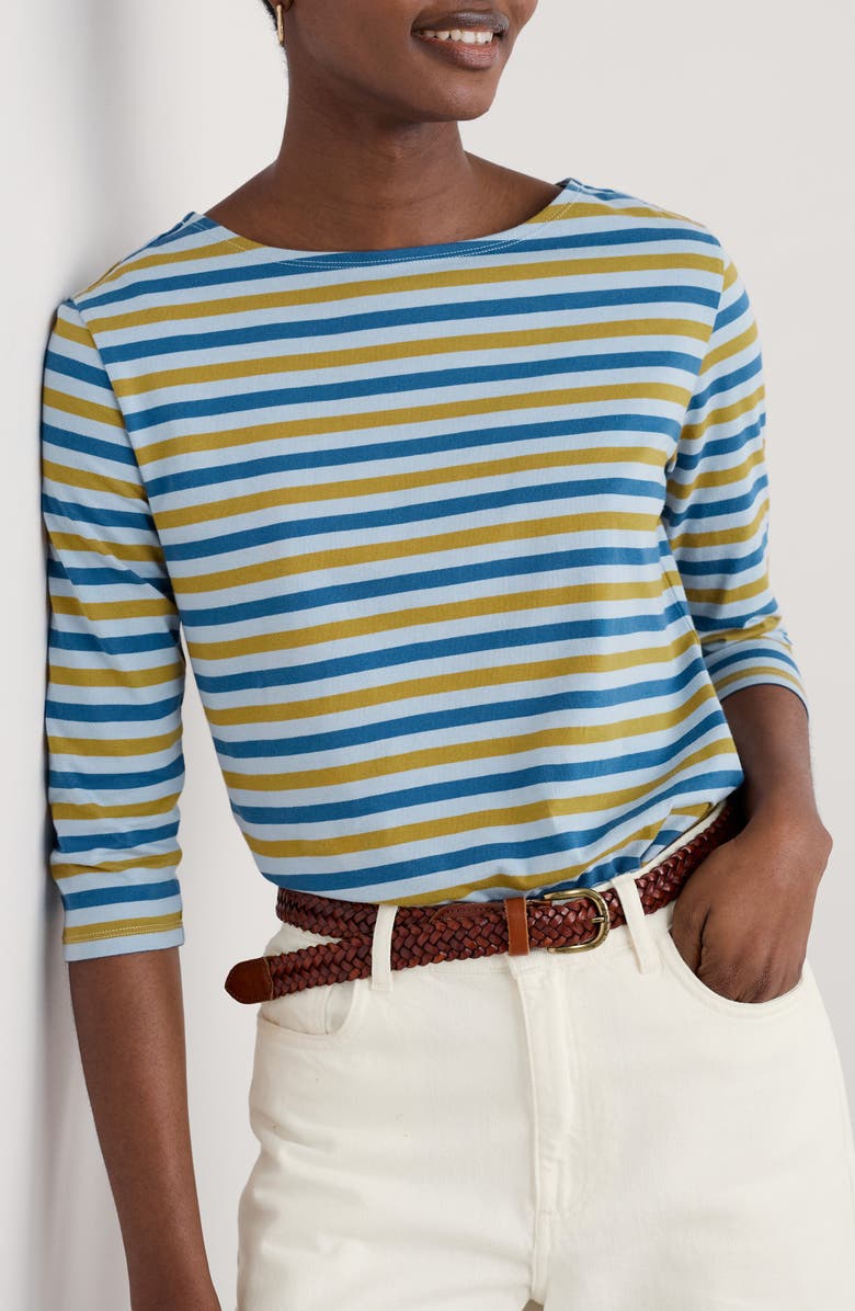 Seasalt Cornwall Sailor Stripe Three Quarter Sleeve Organic Cotton T-Shirt, Main, color, Duet Mini Cornish Pear