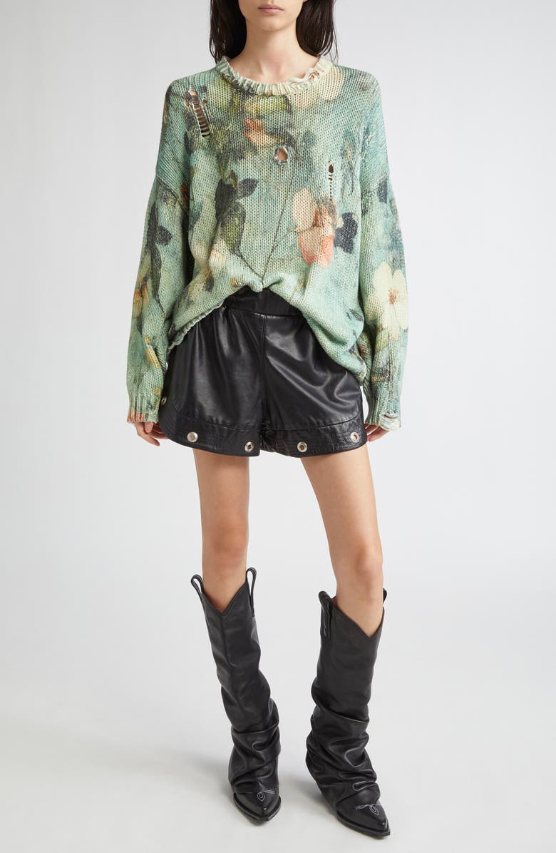 R13 Ripped Floral Oversize Cotton Sweater, Alternate, color, Turquoise Floral