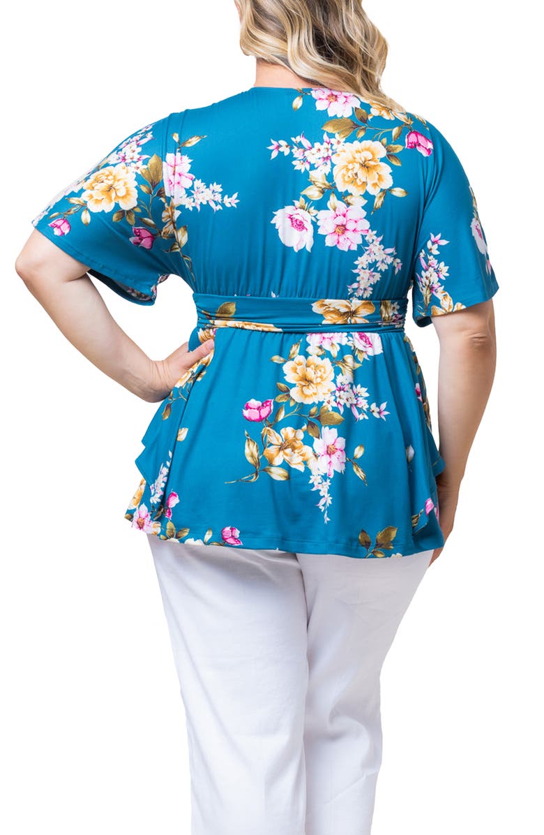 Kiyonna Encore Print Faux Wrap Top, Alternate, color, Teal Floral Print