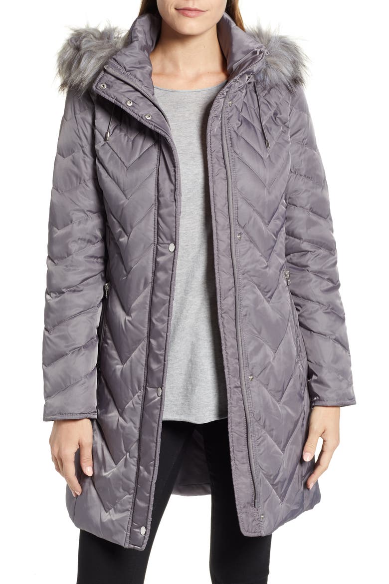 Matte Satin Chevron Faux Fur Trim Coat, Main, color, GREY