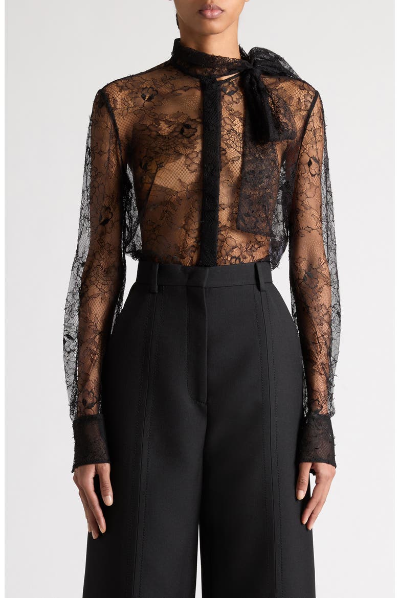 バレンティノ　レーストップ Valentino Garavani Sheer Floral Lace Tie Neck Shirt (Women