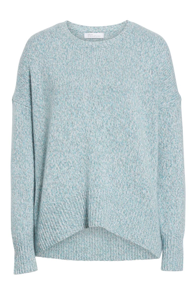 High/Low Cashmere Tweed Sweater, Alternate, color, AQUA SMOKE TWEED