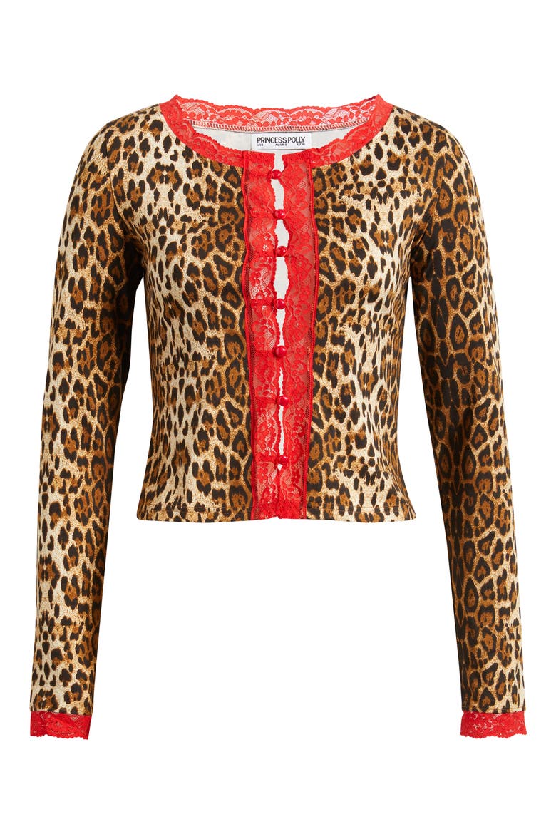 Pour It Up Leopard Lace Trim Button-Up Top, Alternate, color, LEOPARD