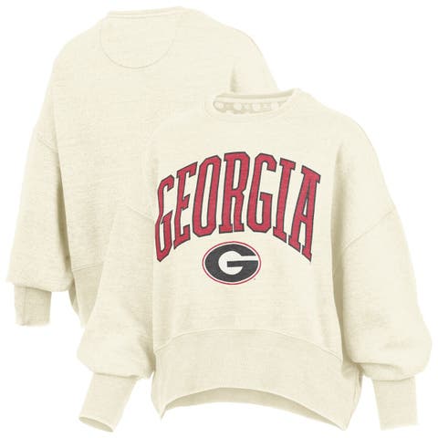 Women's Pressbox Natural Georgia Bulldogs Oversized Waist-Length Crewneck Sweatshirt