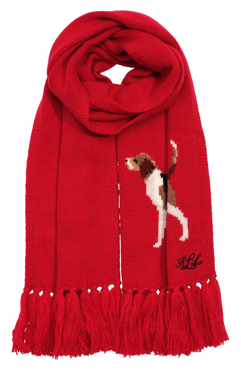 Lauren Ralph Lauren Intarsia Dog Fringe Scarf, Alternate, color, Ralph Red