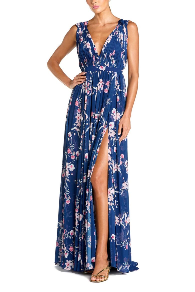 Women's Sleeveless Pleated Chiffon V-Neck Gown, Main, color, Blue Multi