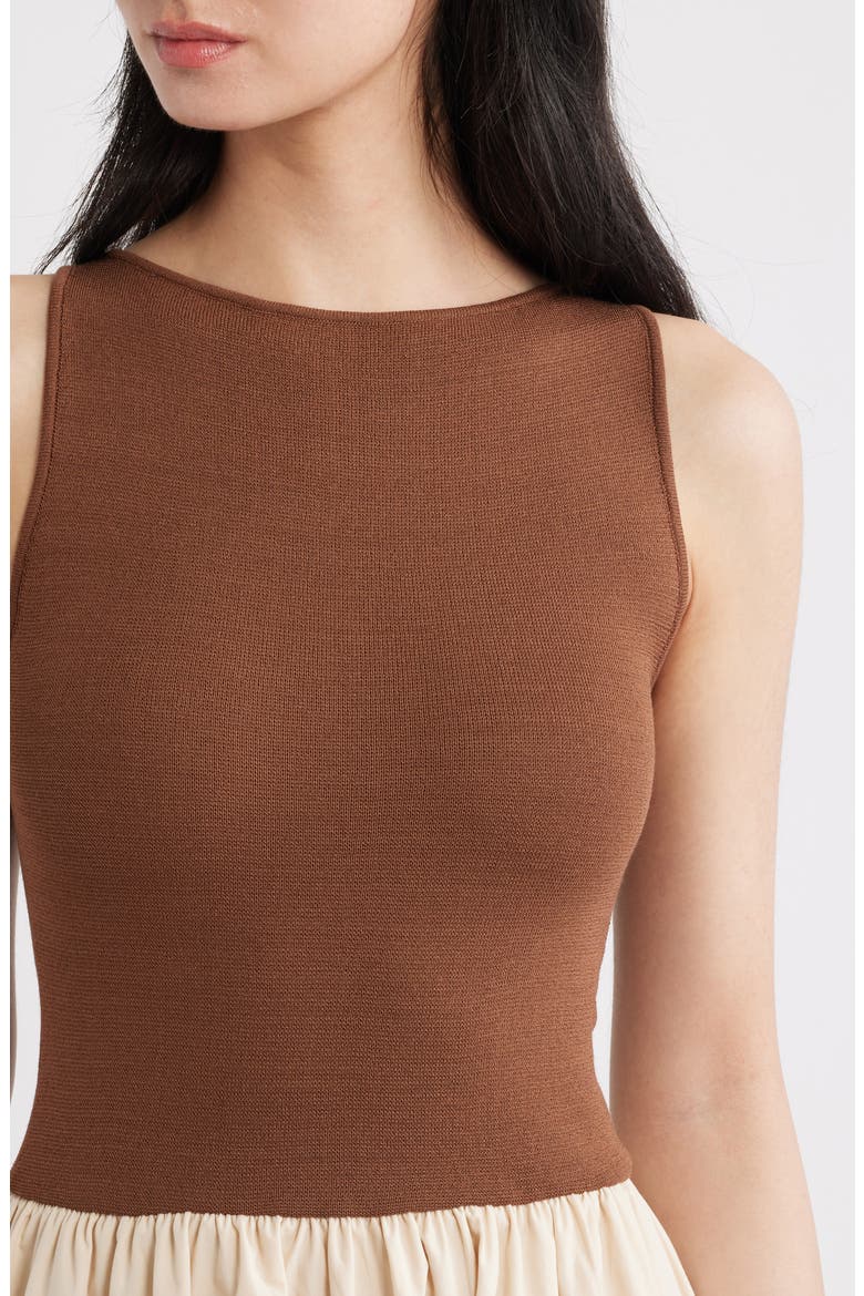 Mixed Media Lace Inset Midi Dress, Alternate, color, BROWN