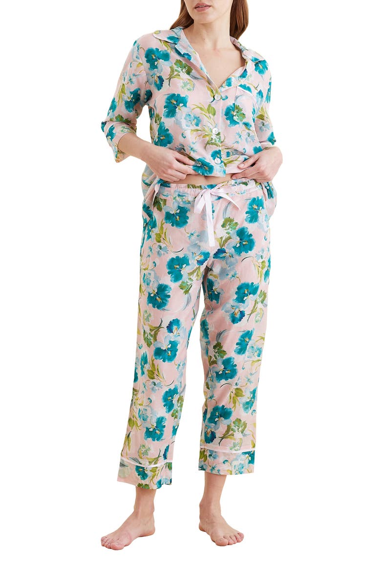 Audrey Floral Cotton & Silk Crop Pajamas, Alternate, color, LACE PINK