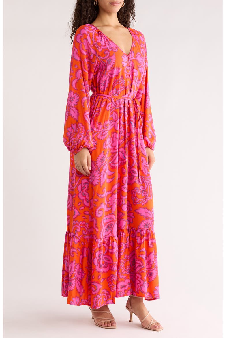 Marinda Floral Larrie Long Sleeve Button Maxi Dress, Alternate, color, ORANGE-FUCHSIA