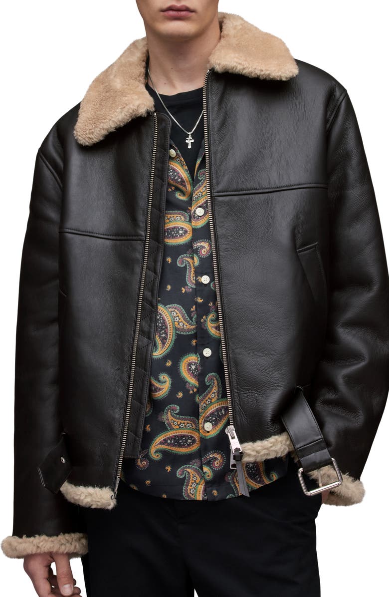 AllSaints Hamel Genuine Shearling Trim Leather Jacket, Main, color, 