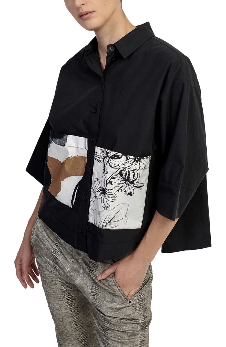 Alembika Boxy button-up shirt with contrast printed pockets, Alternate, color, 
