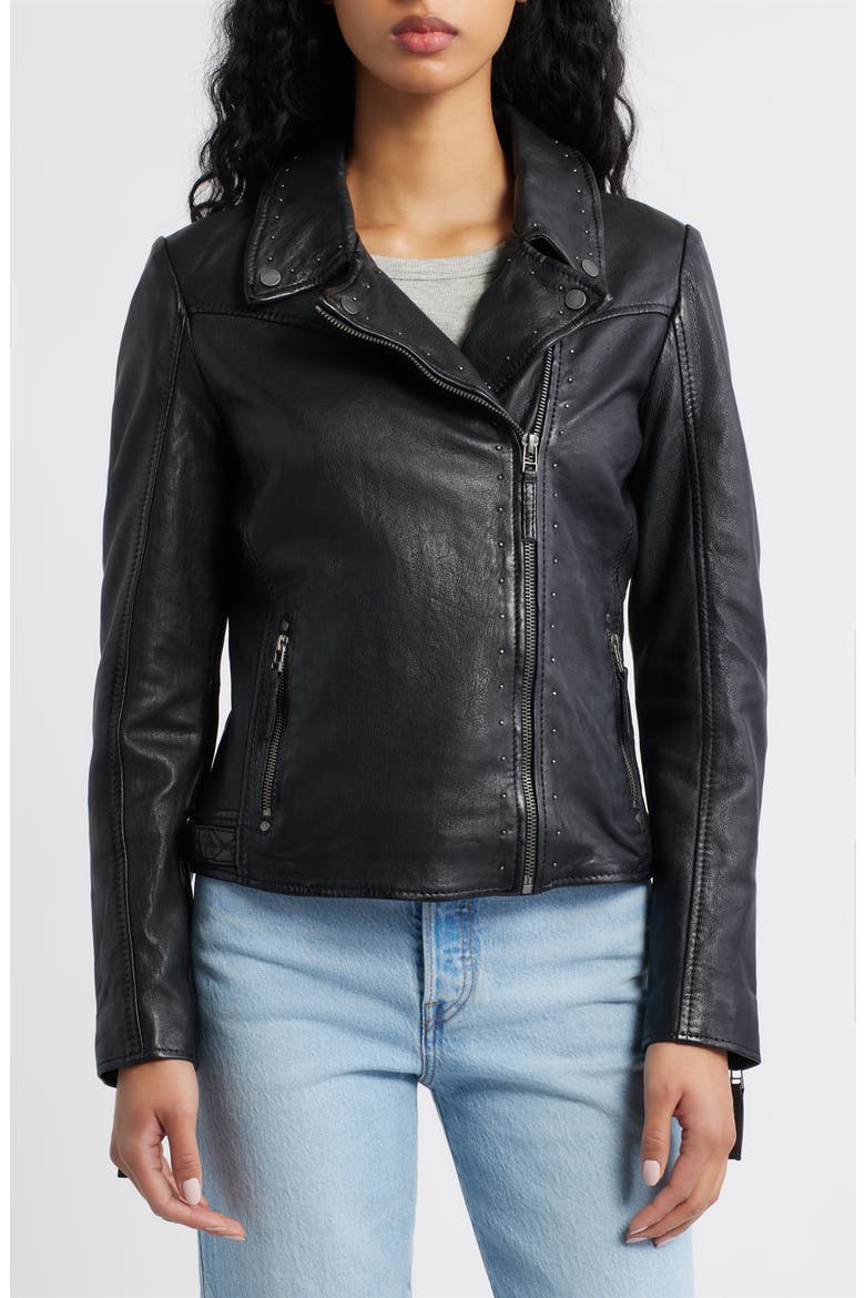 Morgan Studded Leather Moto Jacket, Alternate, color, BLACK