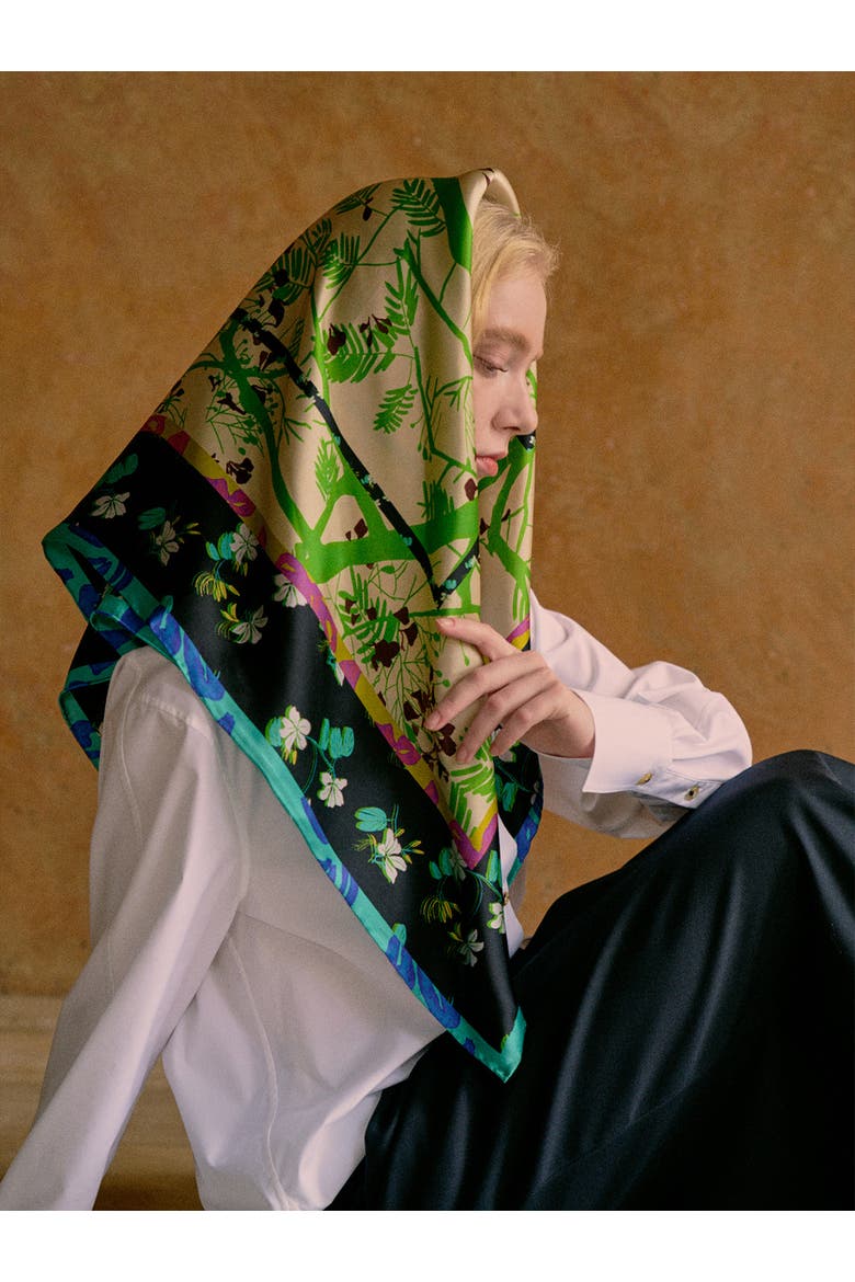"Floral Tapestry" Large Silk Scarf, Alternate, color, Black
