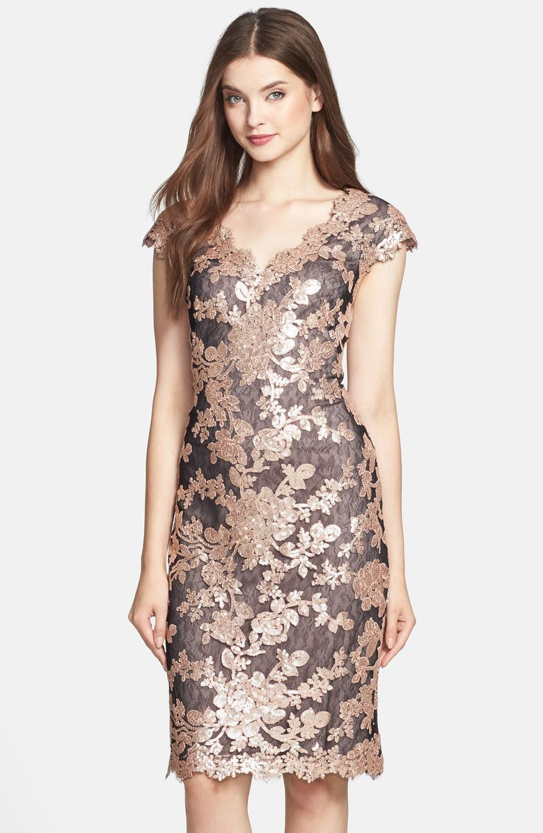 Tadashi Shoji Floral Sequin Cap Sleeve Sheath Dress, Main, color, 