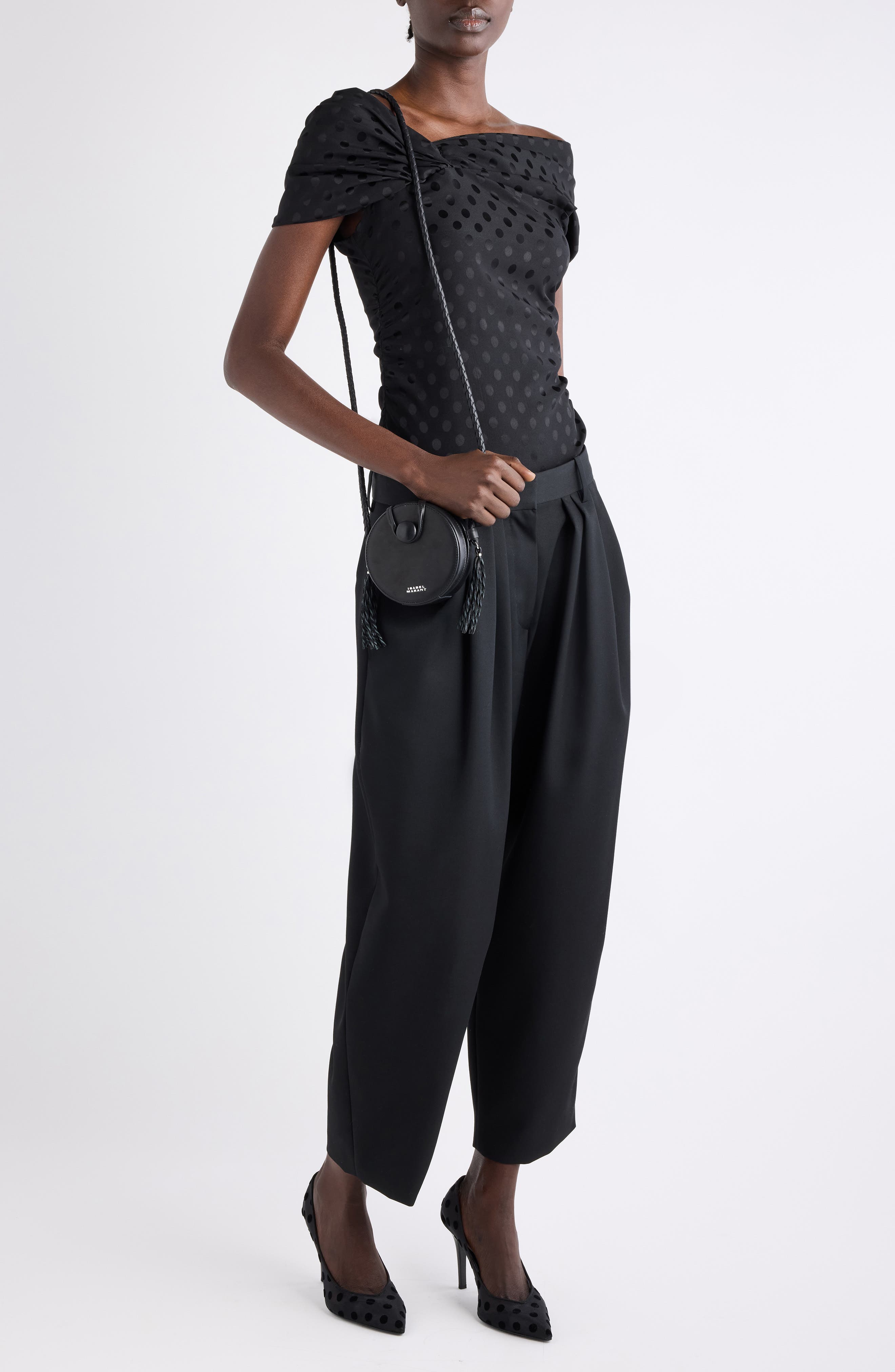 Esen Polka Dot Jacquard Draped Stretch Silk Top - image 2