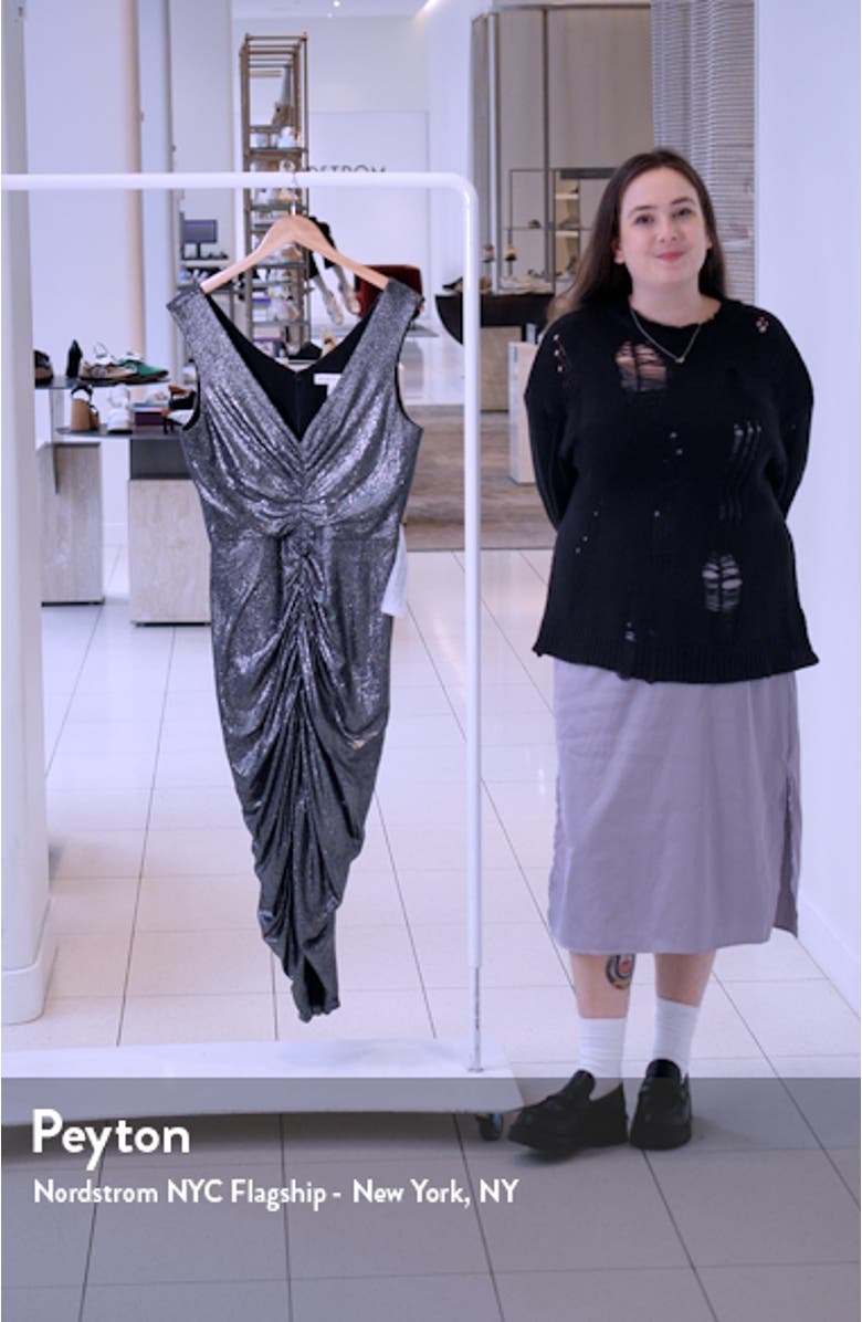 Britt Metallic Center Ruched Sheath Gown, sales video thumbnail