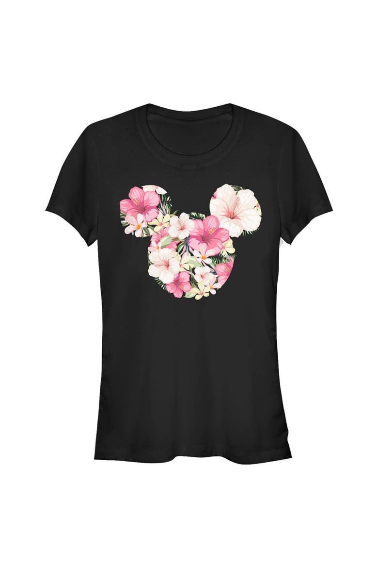 Junior's Mickey & Friends Pink Floral Mickey Mouse Logo  Graphic T-Shirt, Main, color, Black