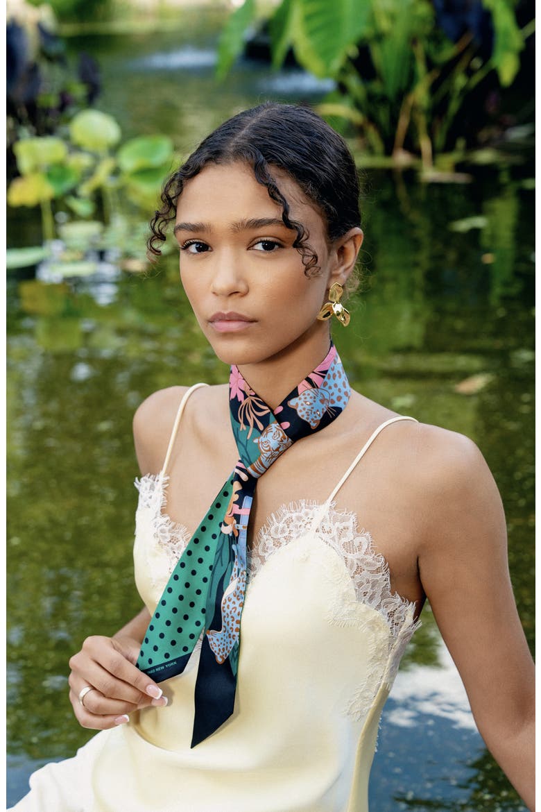 Silk Skinny Scarf Night Jungle Gathering, Alternate, color, Green