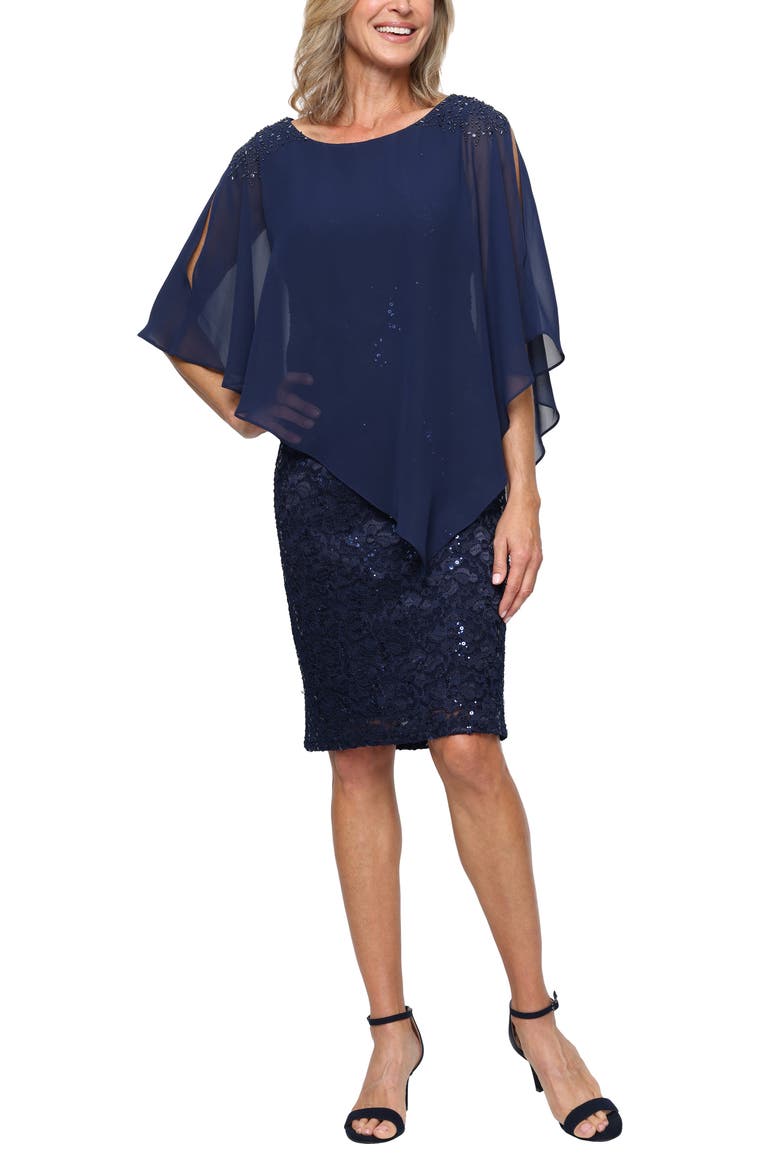 Chiffon Capelet Floral Lace Cocktail Dress, Main, color, NEW NAVY