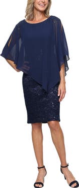 SL FASHIONS Chiffon Capelet Floral Lace Cocktail Dress