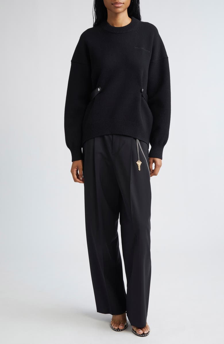 Alexander Wang Relaxed Wool Blend Sweater with Detachable Leather Tabs, Alternate, color, Black