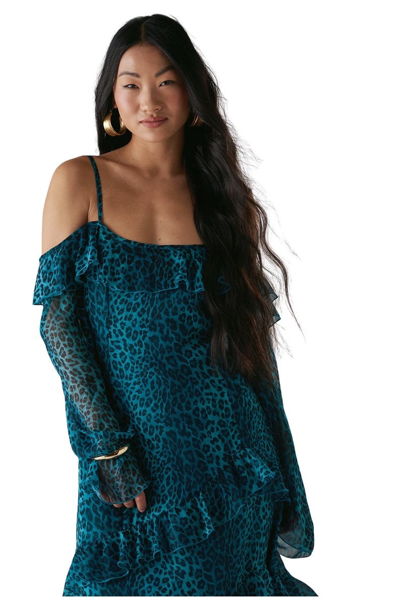 Warehouse Ruffle Cold Shoulder Midi Dress, Alternate, color, Leopard
