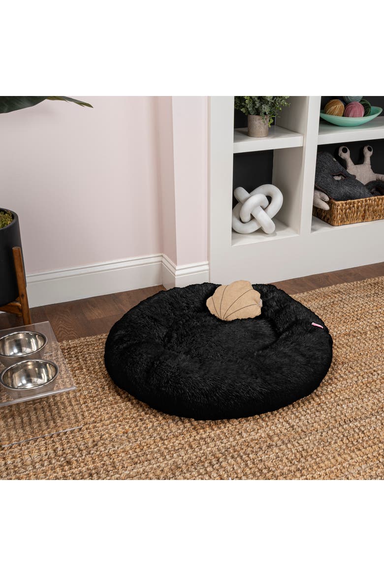 Maisie Bohemian Glam Faux Fur Round Fluffy Calming Donut Pet Bed with Washable Cover, Alternate, color, Black
