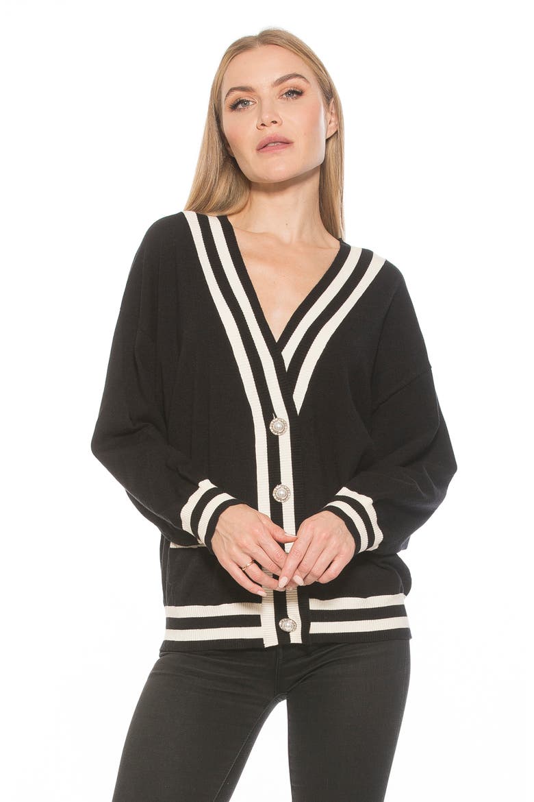 Frances Stripe Trim Cardigan, Alternate, color, BLACK